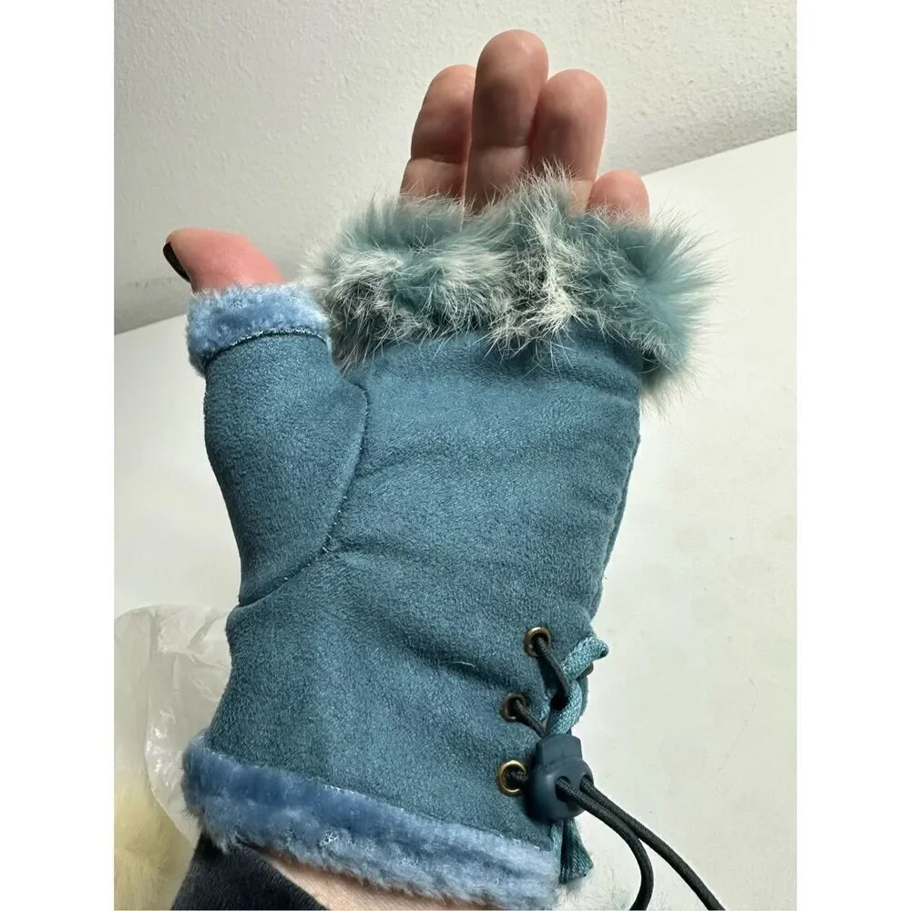 Women’s Faux Suede Fingerless Gloves Sky Blue One Size Rabbit Fur Trim Lace Up